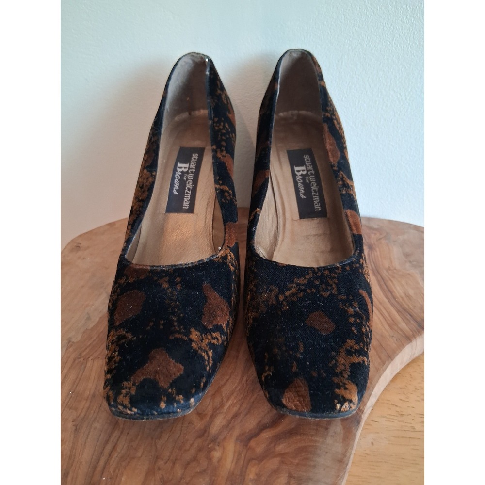 Stuart Weitzman Browns Black Copper Abstract Block Heel Pumps Square Toe 6.5B